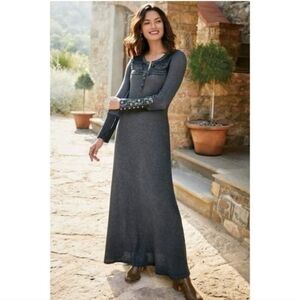 Soft Surroundings Zalia Waffle Knit Thermal Embroidered A Line Maxi Dress